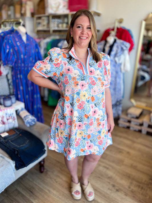 Melon Mania Curvy Blue & Yellow Floral Dress