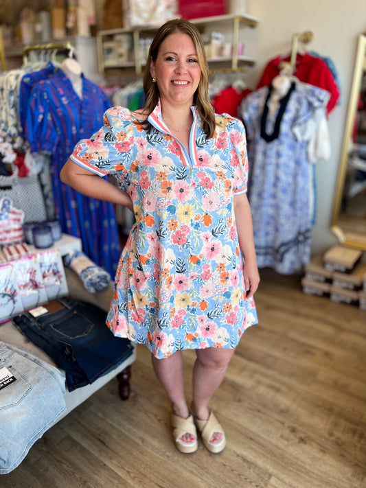 Melon Mania Curvy Blue & Yellow Floral Dress