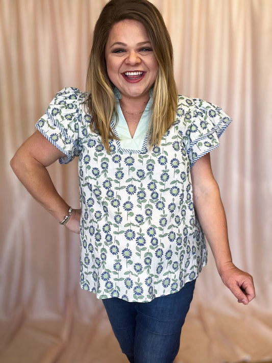 Mint for More Sunshine Curvy Floral Flutter Sleeve Top