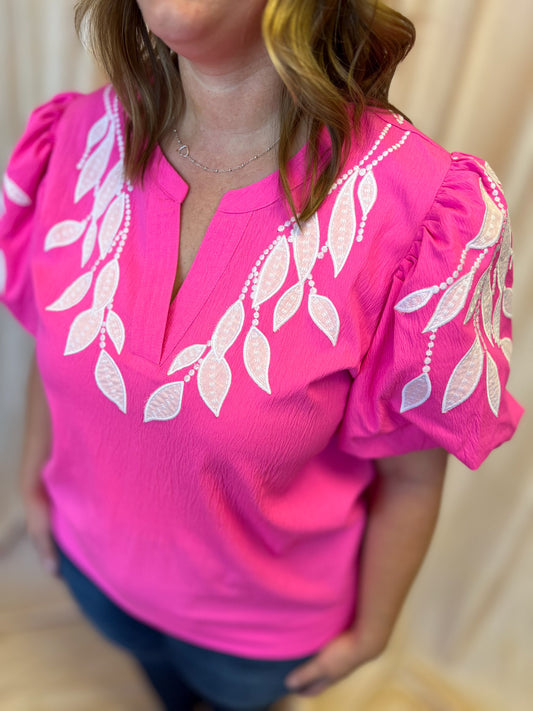Neon & Nonsense Curvy Bright Pink Embroidered Top