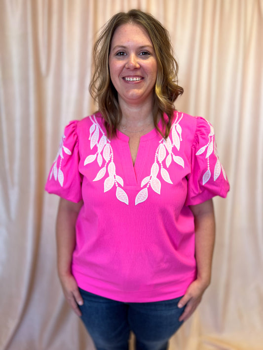 Neon & Nonsense Curvy Bright Pink Embroidered Top