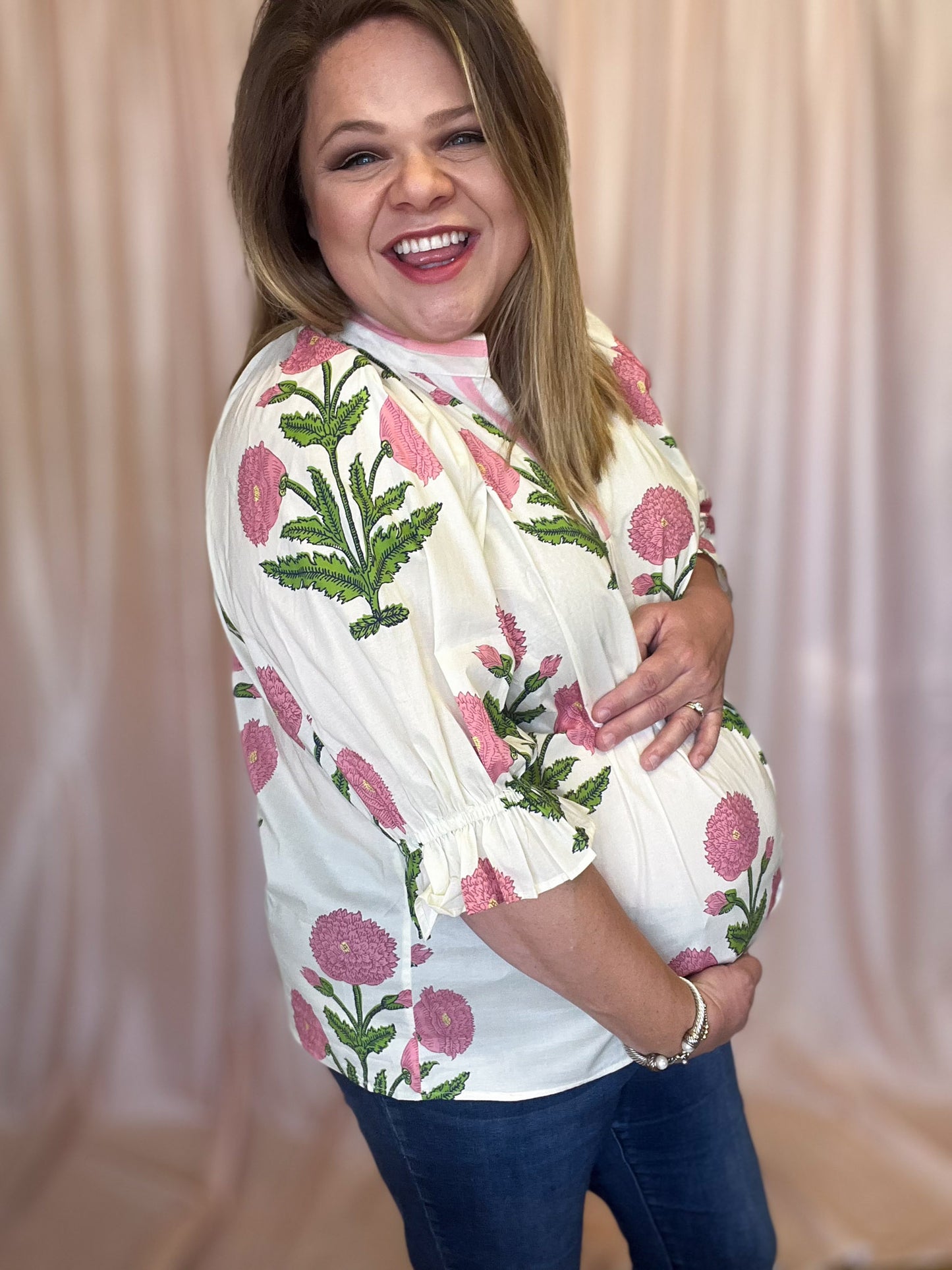 Picking Peonies Curvy Cream & Pink Floral Top