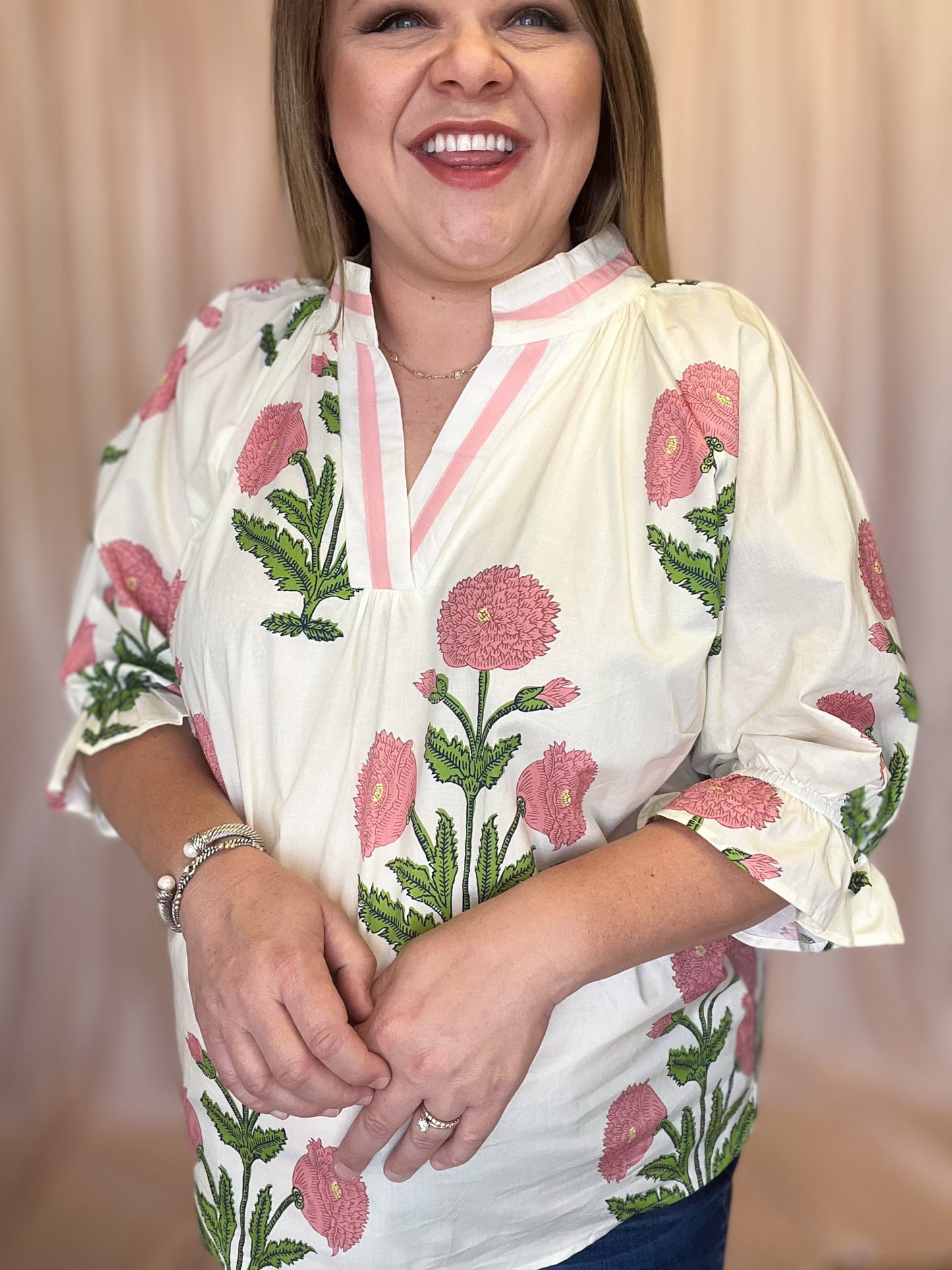 Picking Peonies Curvy Cream & Pink Floral Top