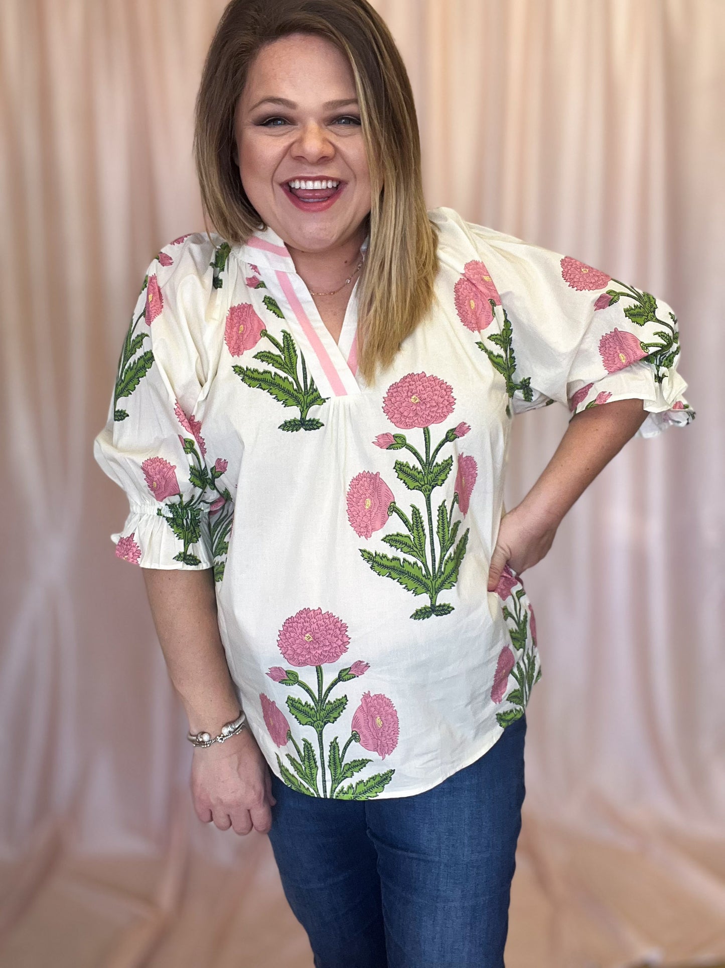Picking Peonies Curvy Cream & Pink Floral Top