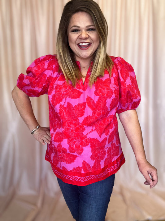 Ranchy Floral Plus-Size Pink & Red Top