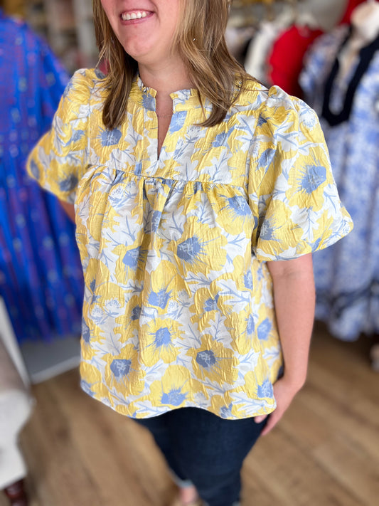 She's My Little Babydoll Plus-Size Yellow Jacquard Floral Top