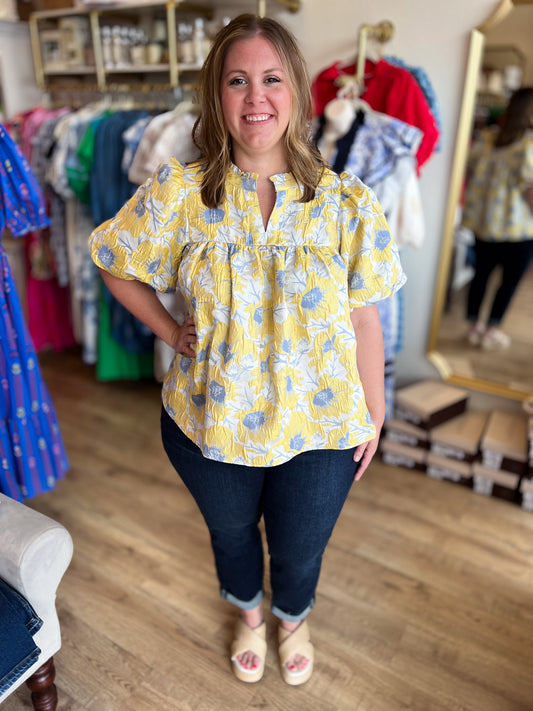 She's My Little Babydoll Plus-Size Yellow Jacquard Floral Top
