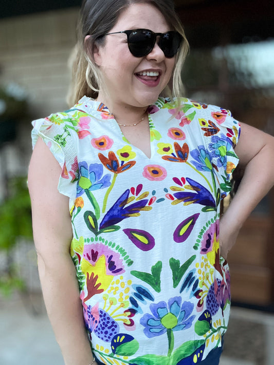 Summer Nights Curvy Multicolor Floral Flutter Sleeve Top