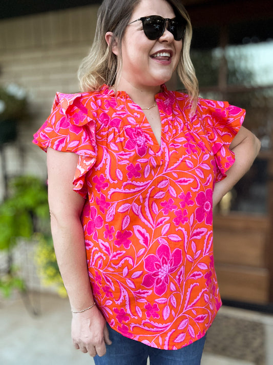 Sunny Escape Plus-Size Floral Split Neck Top
