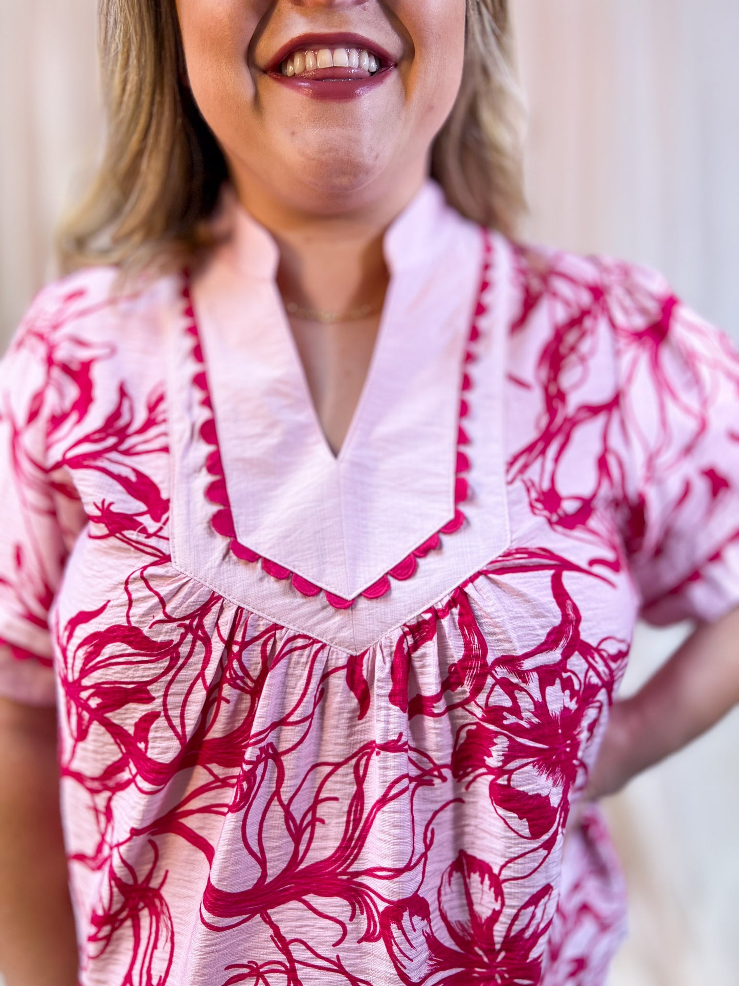 Tickled Pink Curvy Floral Scalloped Trim Blouse