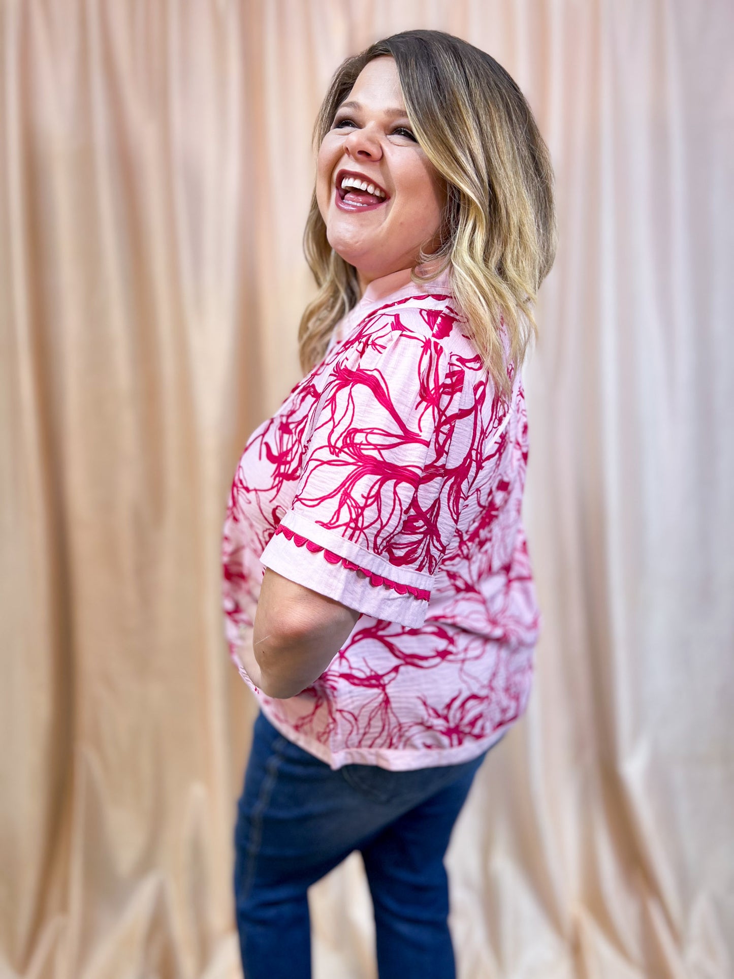 Tickled Pink Curvy Floral Scalloped Trim Blouse