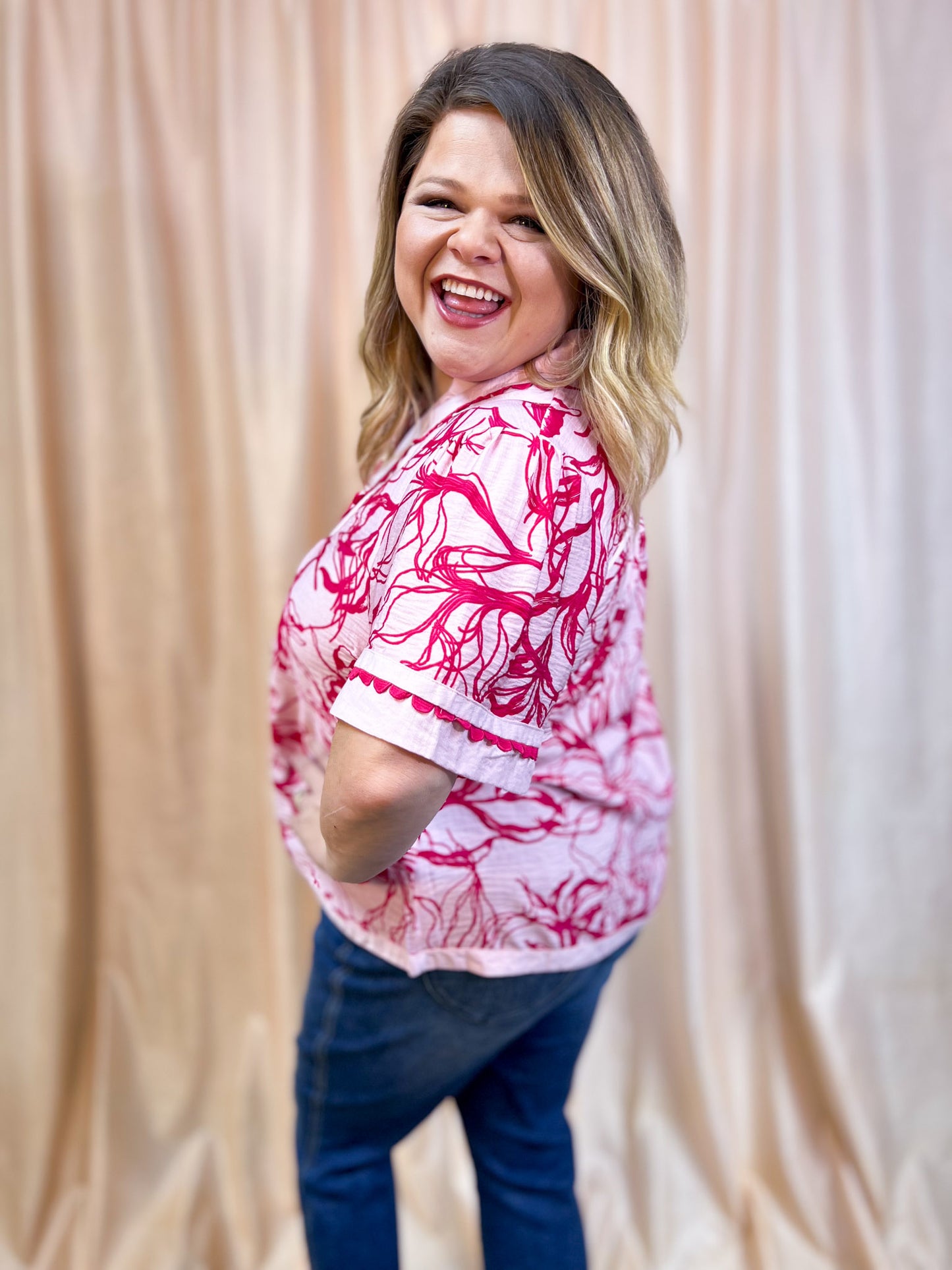 Tickled Pink Curvy Floral Scalloped Trim Blouse