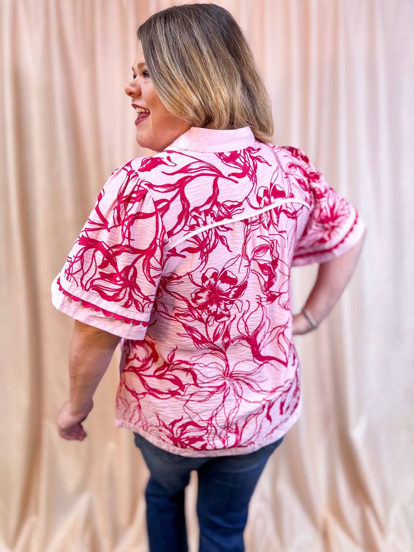 Tickled Pink Curvy Floral Scalloped Trim Blouse