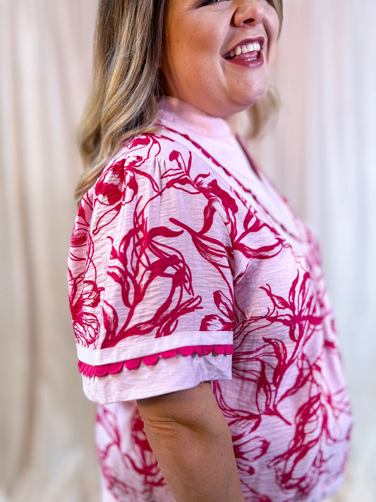 Tickled Pink Curvy Floral Scalloped Trim Blouse