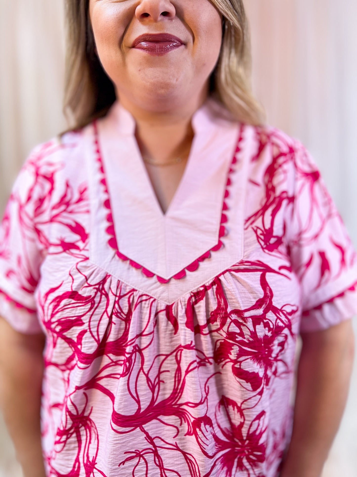 Tickled Pink Curvy Floral Scalloped Trim Blouse