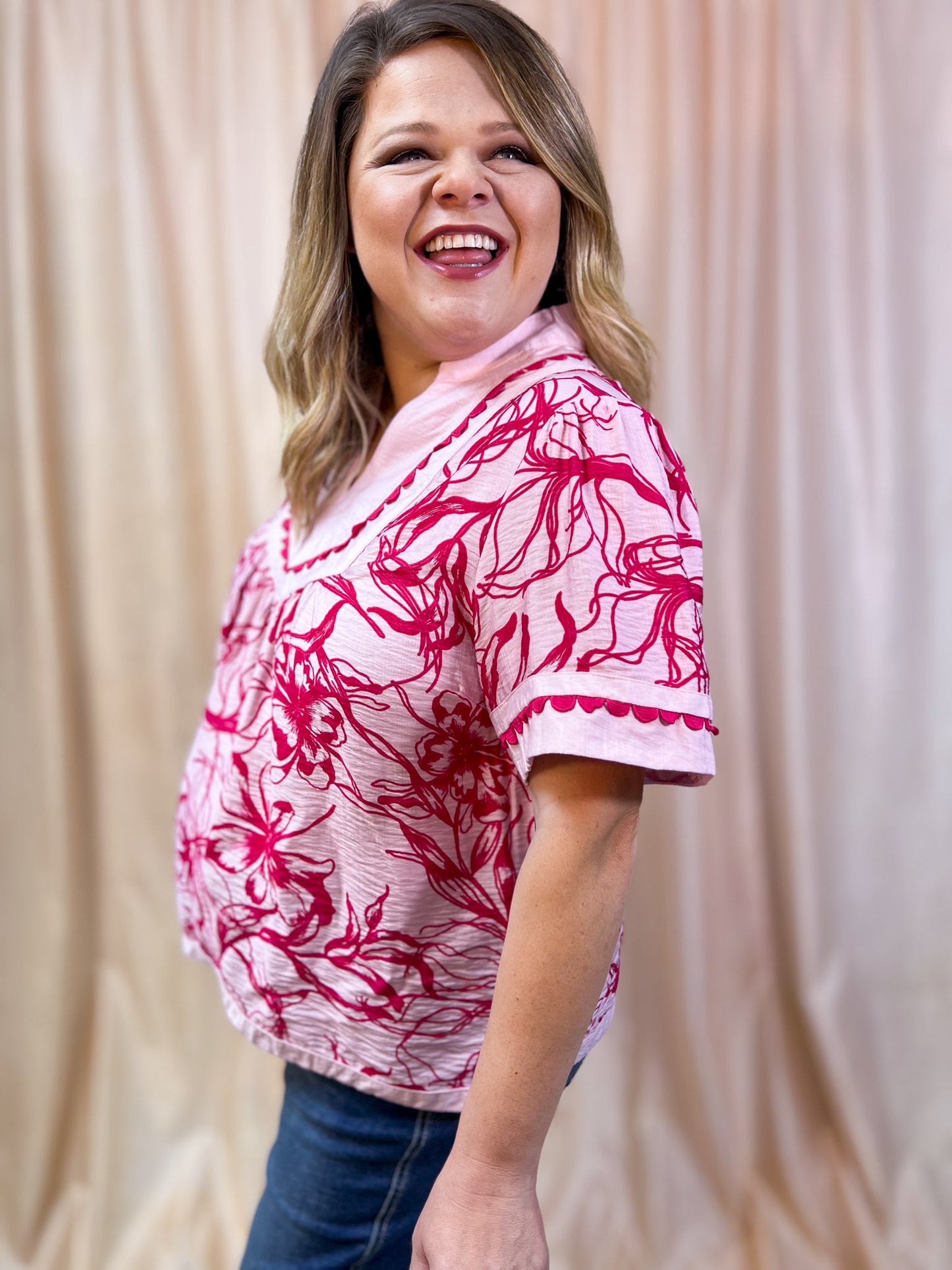 Tickled Pink Curvy Floral Scalloped Trim Blouse