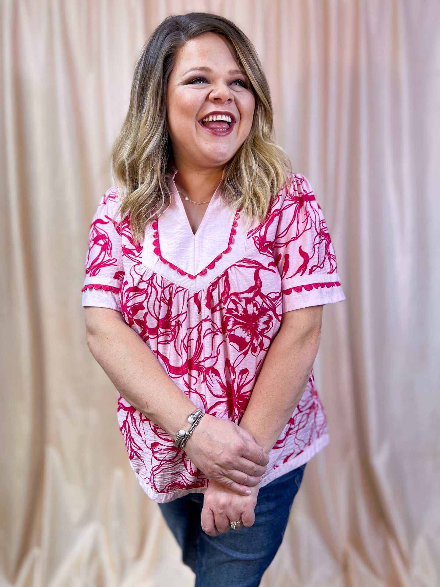 Tickled Pink Curvy Floral Scalloped Trim Blouse