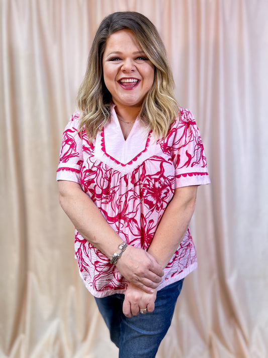 Tickled Pink Curvy Floral Scalloped Trim Blouse