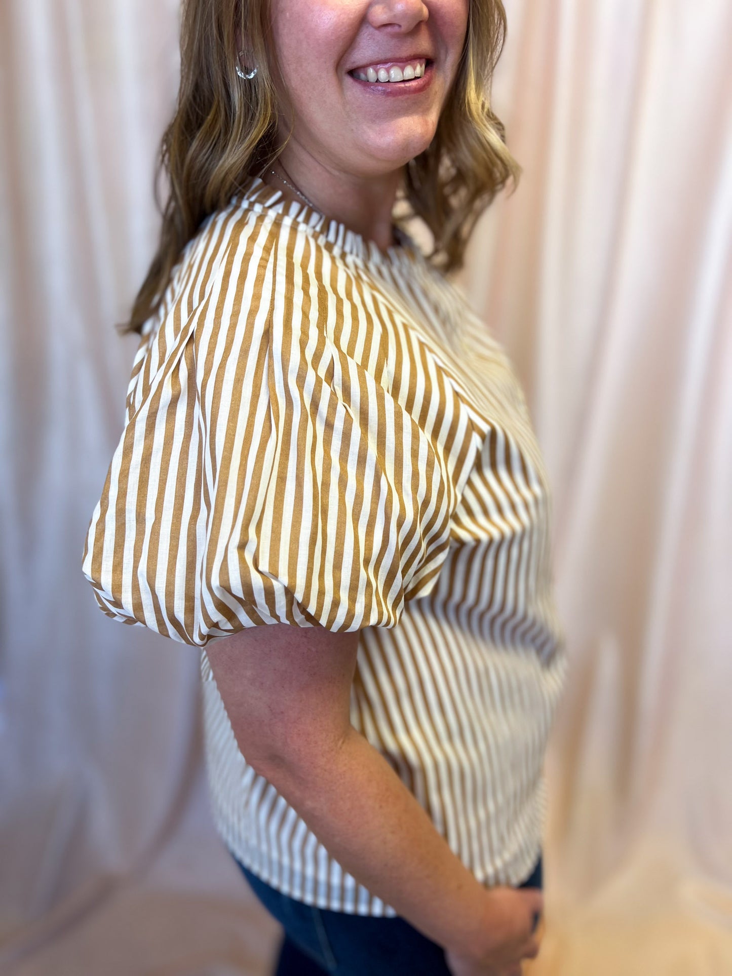 Timeless in Tan Plus-Size Beige Stripe Button Top