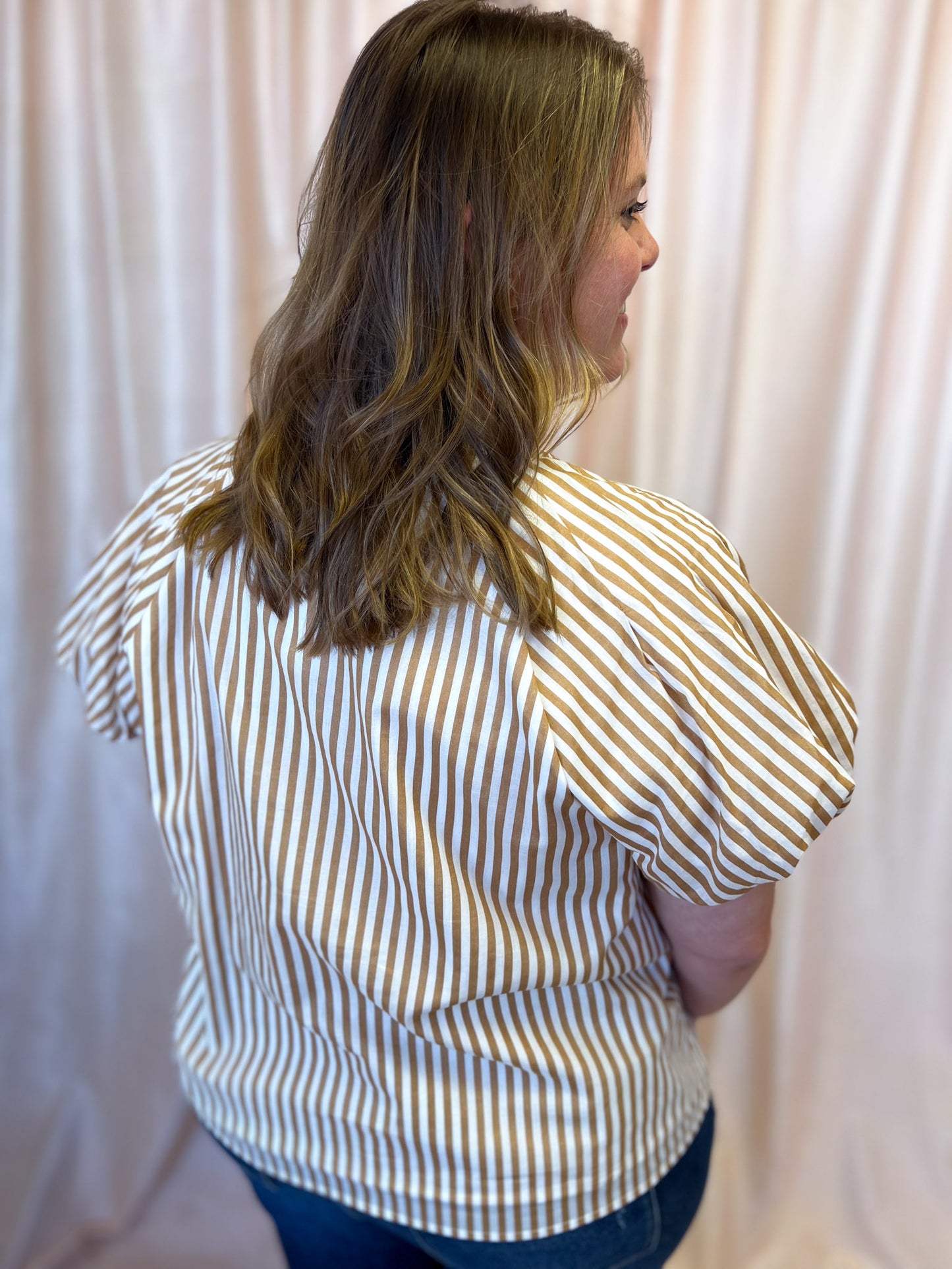Timeless in Tan Plus-Size Beige Stripe Button Top