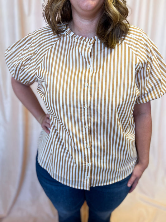 Timeless in Tan Plus-Size Beige Stripe Button Top