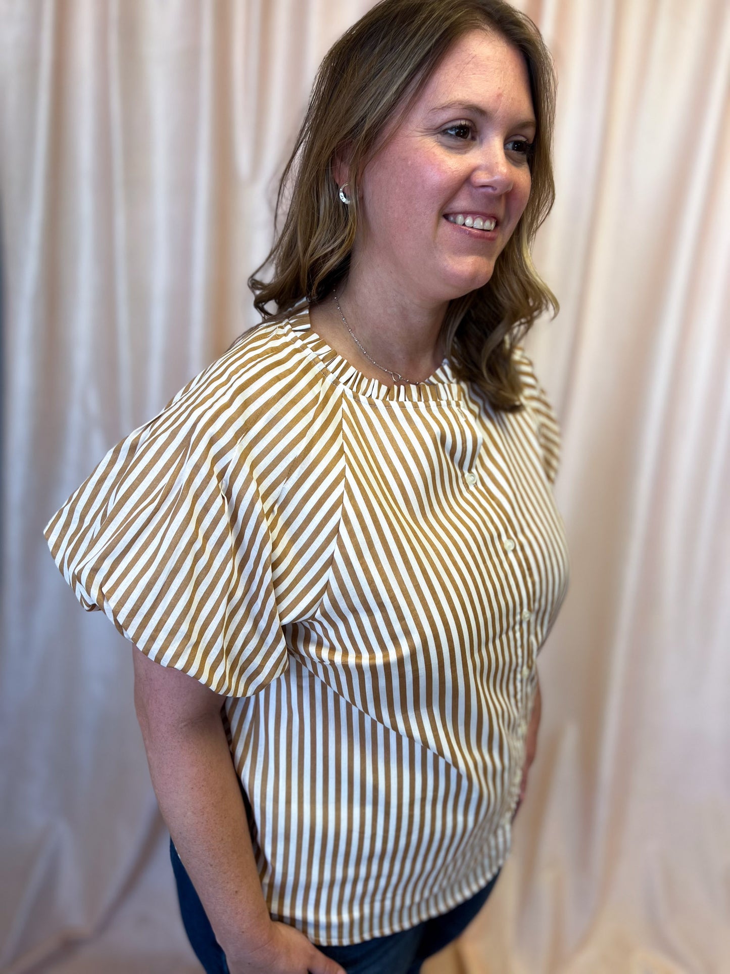 Timeless in Tan Plus-Size Beige Stripe Button Top
