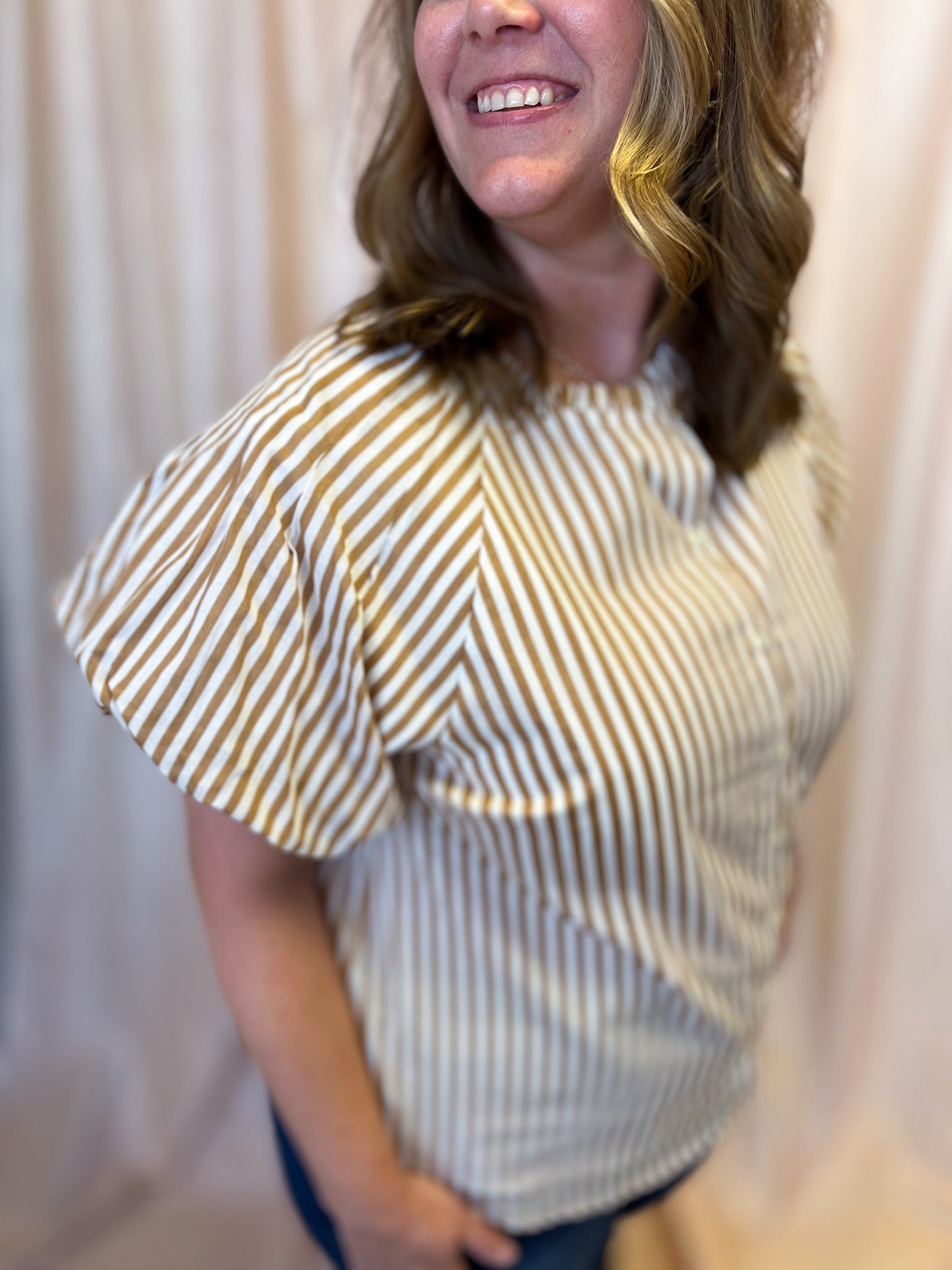 Timeless in Tan Plus-Size Beige Stripe Button Top