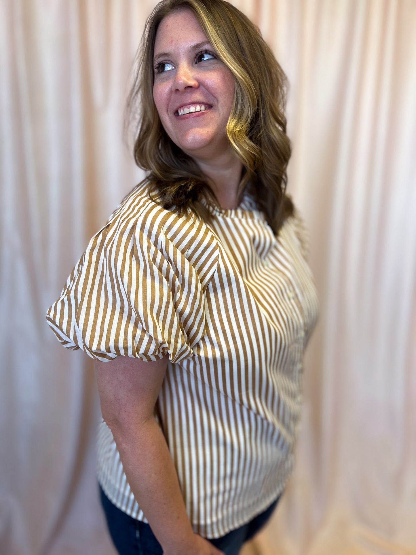 Timeless in Tan Plus-Size Beige Stripe Button Top