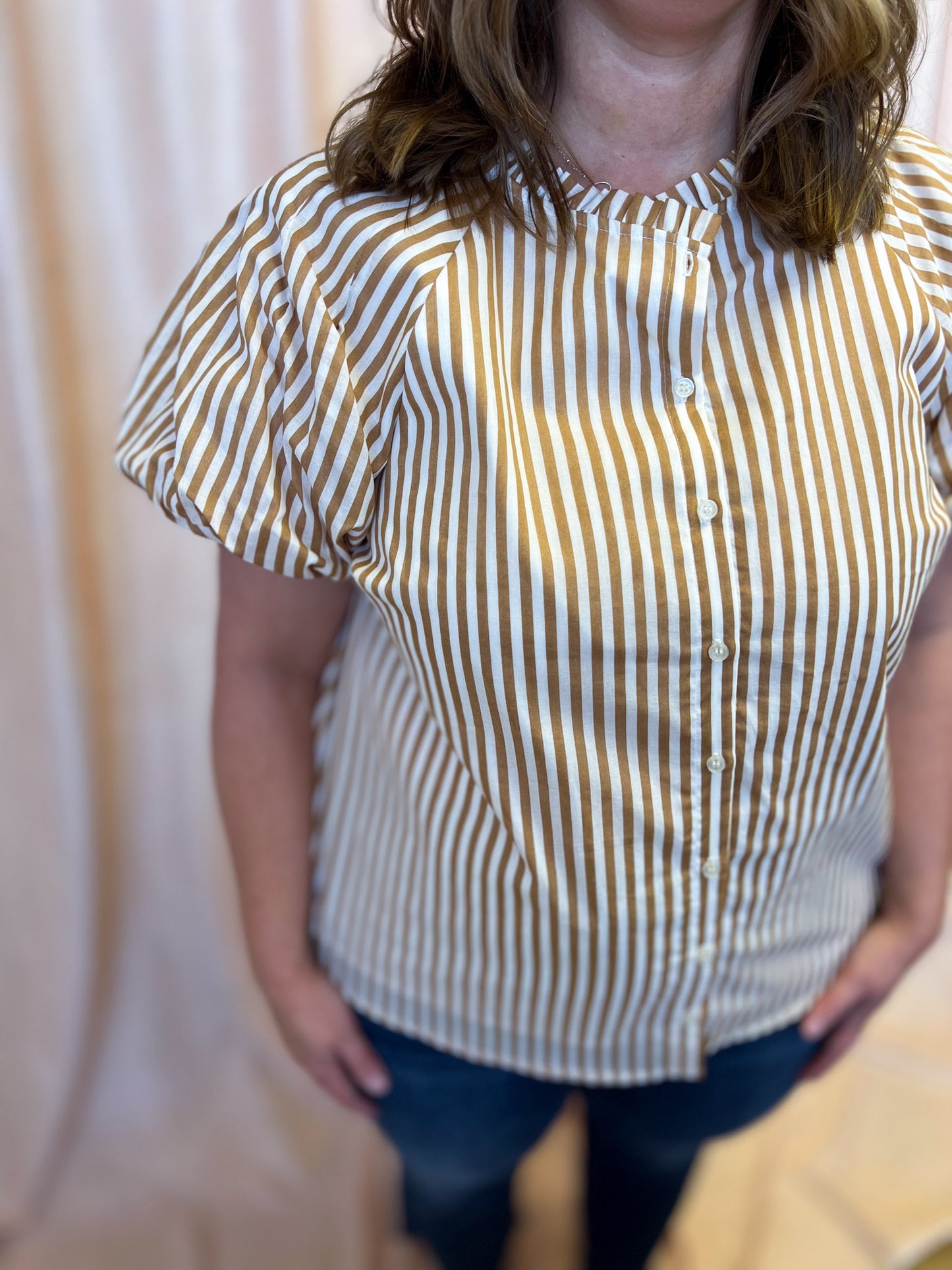 Timeless in Tan Plus-Size Beige Stripe Button Top