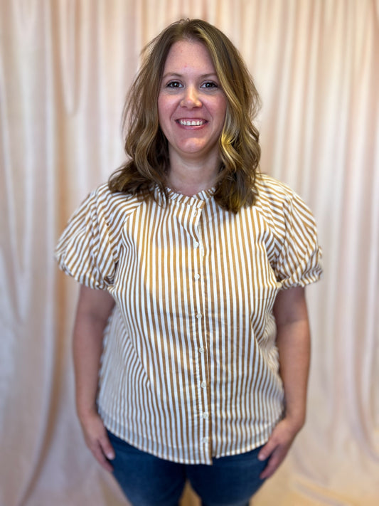 Timeless in Tan Plus-Size Beige Stripe Button Top