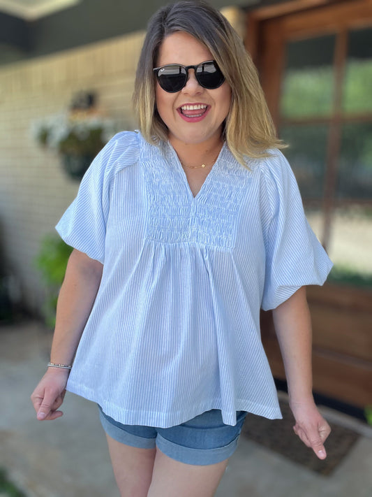 Top of the Morning Curvy Blue Smocked Pinstripe Top