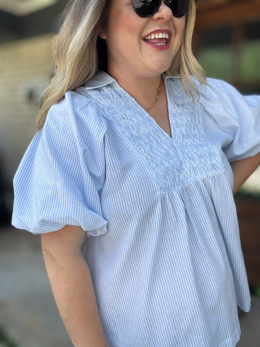 Top of the Morning Curvy Blue Smocked Pinstripe Top