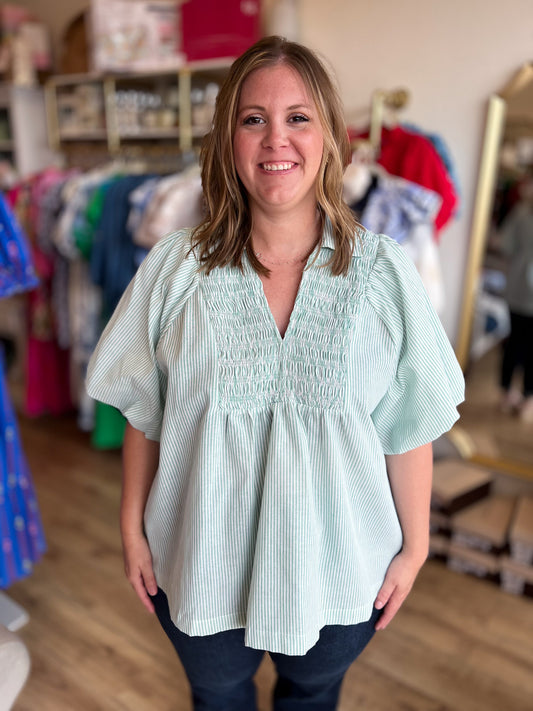 Top of the Morning Curvy Green Smocked Pinstripe Top