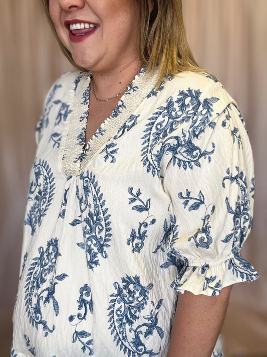 Water's Edge Curvy Dusty Blue Damask Top