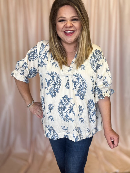 Water's Edge Curvy Dusty Blue Damask Top