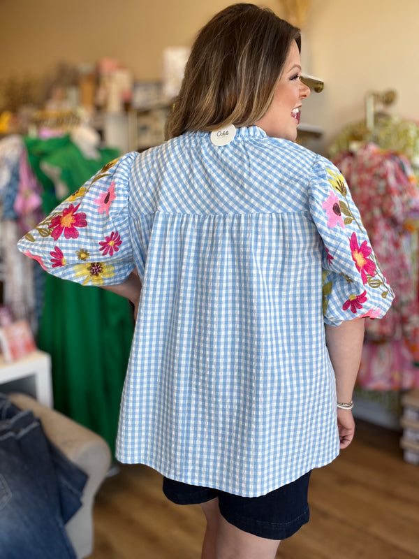 "Life's a Picnic" Plus-Size Gingham Floral Sleeve Top