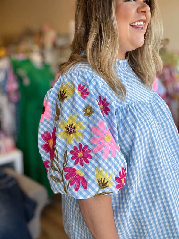 "Life's a Picnic" Plus-Size Gingham Floral Sleeve Top
