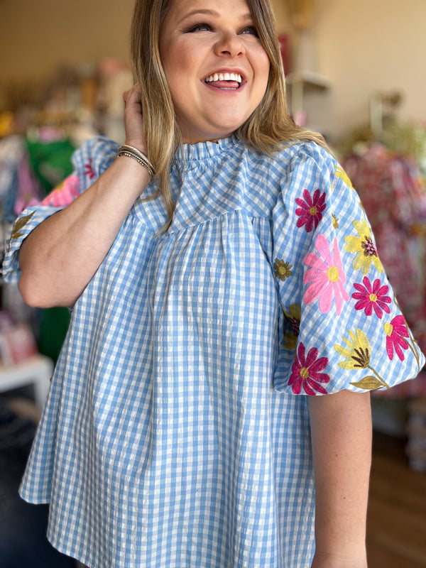 "Life's a Picnic" Plus-Size Gingham Floral Sleeve Top