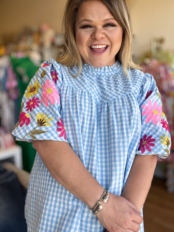 "Life's a Picnic" Plus-Size Gingham Floral Sleeve Top