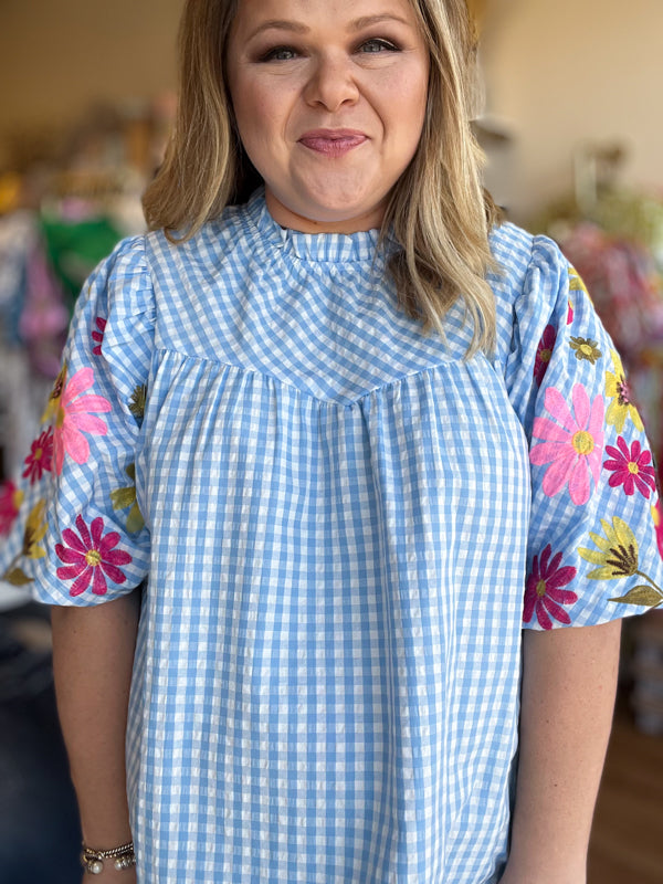 "Life's a Picnic" Plus-Size Gingham Floral Sleeve Top