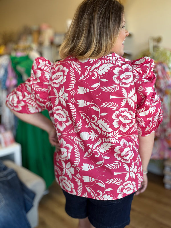 "Flaunty Femininty" Plus-Size Pink & White Ruched Sleeve Floral Top