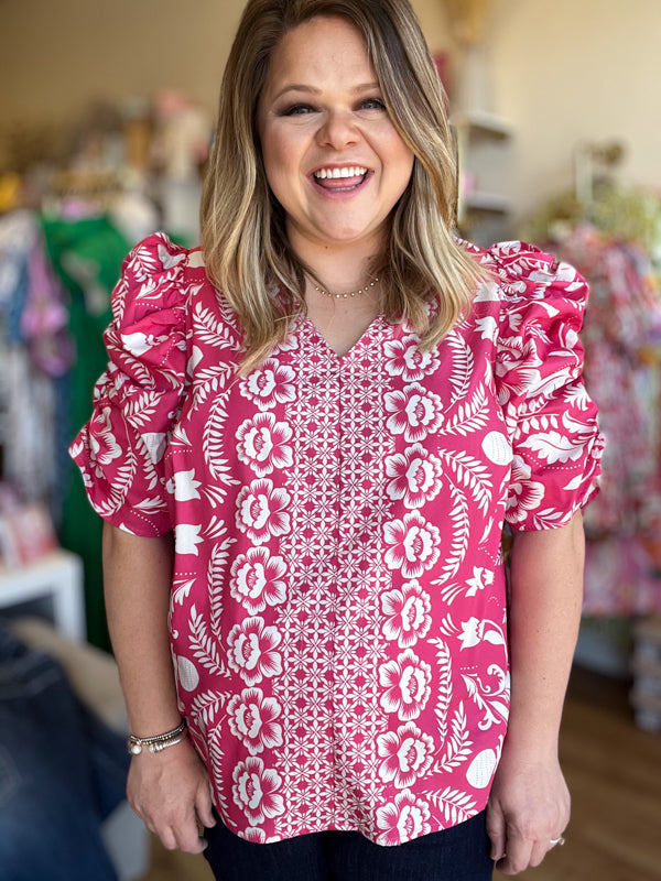 "Flaunty Femininty" Plus-Size Pink & White Ruched Sleeve Floral Top
