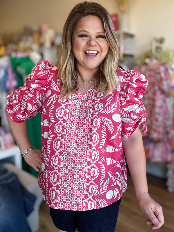 "Flaunty Femininty" Plus-Size Pink & White Ruched Sleeve Floral Top