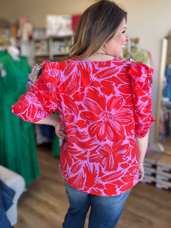 "Unique & Chic" Plus-Size Red & Pink Ruched Sleeve Blouse