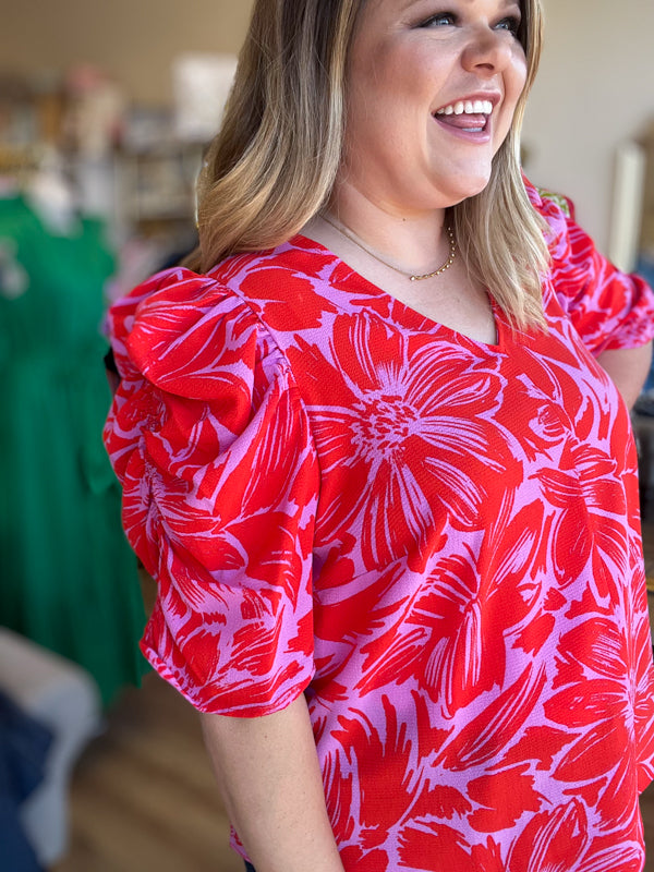 "Unique & Chic" Plus-Size Red & Pink Ruched Sleeve Blouse