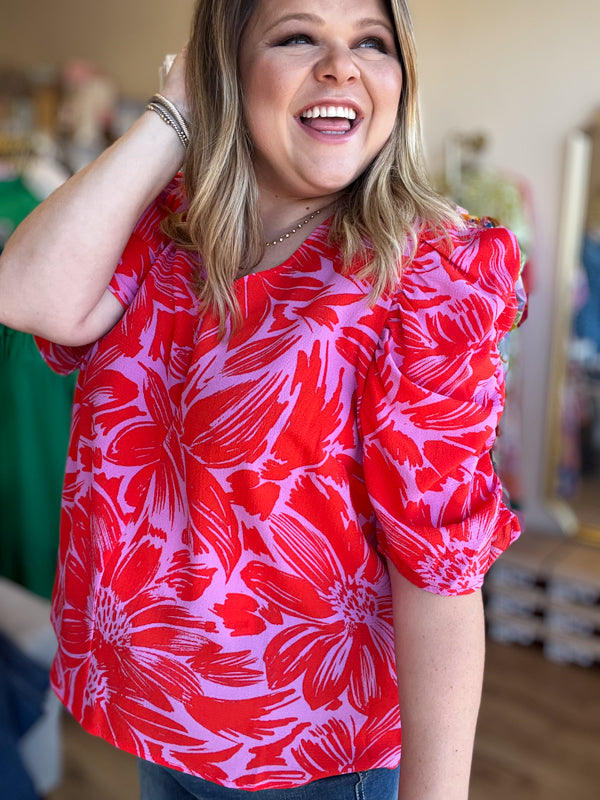 "Unique & Chic" Plus-Size Red & Pink Ruched Sleeve Blouse