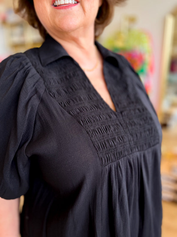 "American Saturday Night" Curvy Black Smocked Chest Blouse
