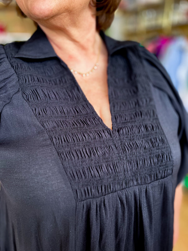 "American Saturday Night" Curvy Black Smocked Chest Blouse