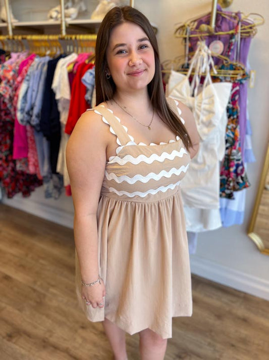 "Beige Babe" Natural Ric Rac Mini Dress - FINAL SALE