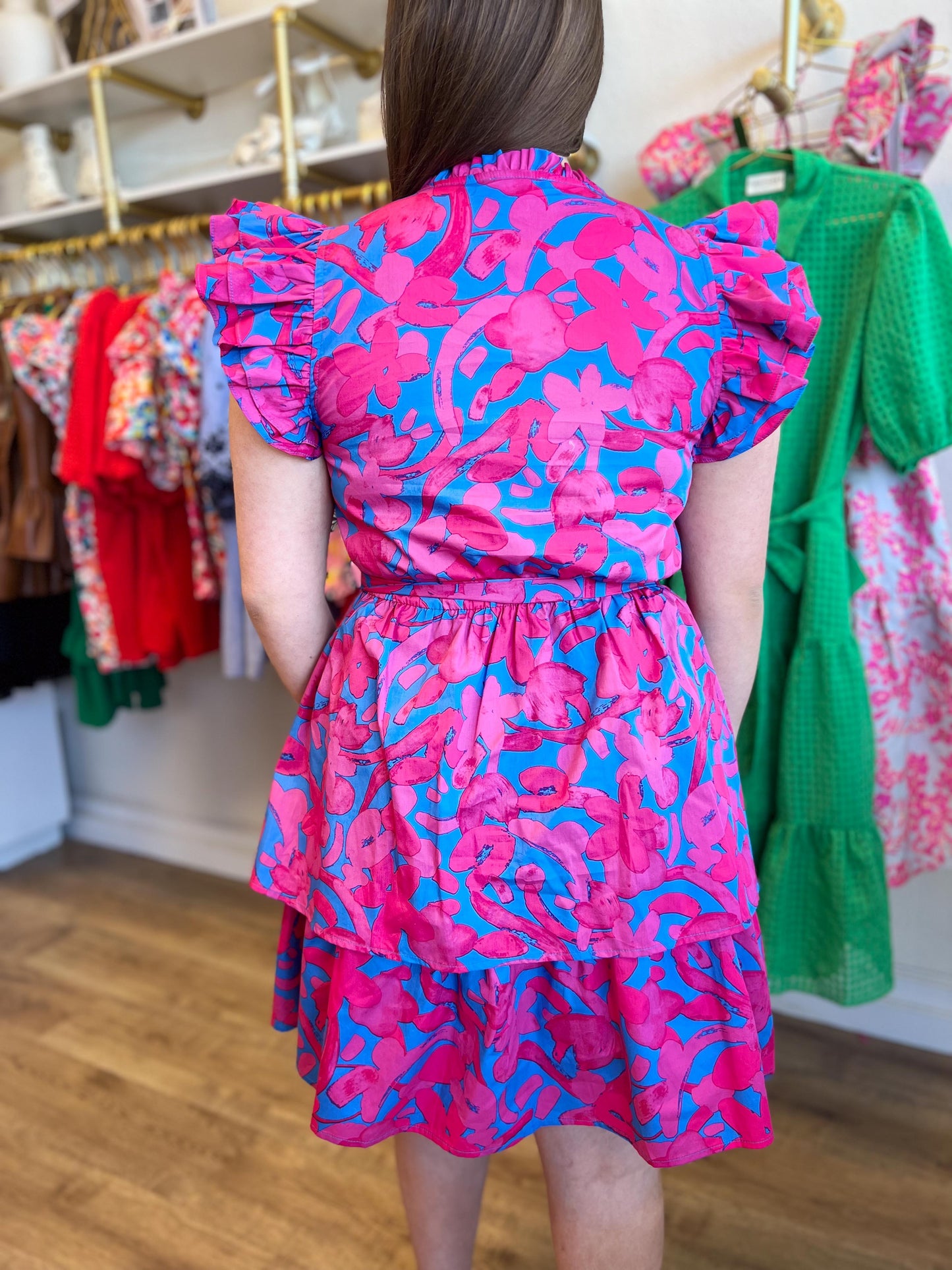 "Berry Bliss" Pink and Blue Belted Mini Dress